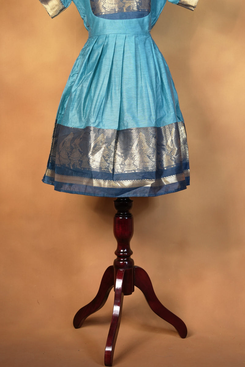 Girls Cotton Silk Frock | Sky Blue with Navy Gold Zari Dancer Border | Festive & Function Wear