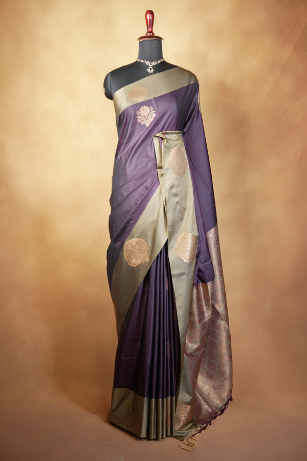 Wine Purple Soft Silk Saree | Gold Zari Butta Beige Border | Traditional Wear