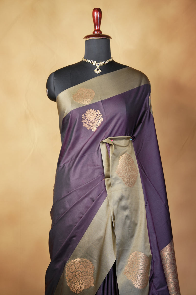 Wine Purple Soft Silk Saree | Gold Zari Butta Beige Border | Traditional Wear