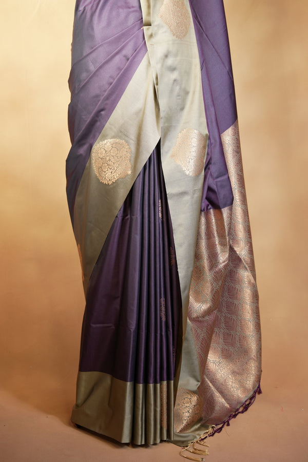 Wine Purple Soft Silk Saree | Gold Zari Butta Beige Border | Traditional Wear