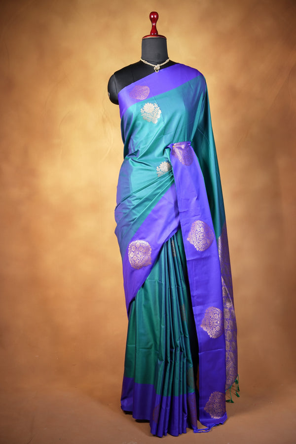 Teal Soft Silk Saree | Gold Zari Butta Purple Border | Traditional Occasion Wear