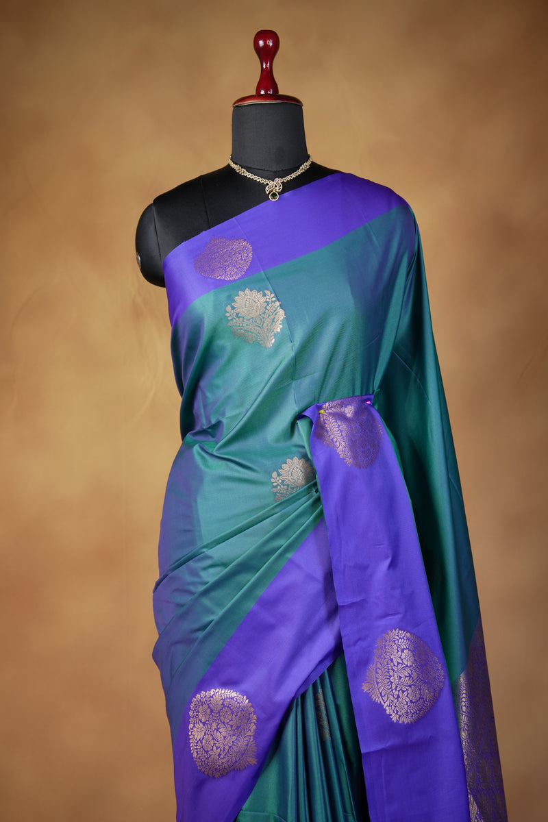 Teal Soft Silk Saree | Gold Zari Butta Purple Border | Traditional Occasion Wear