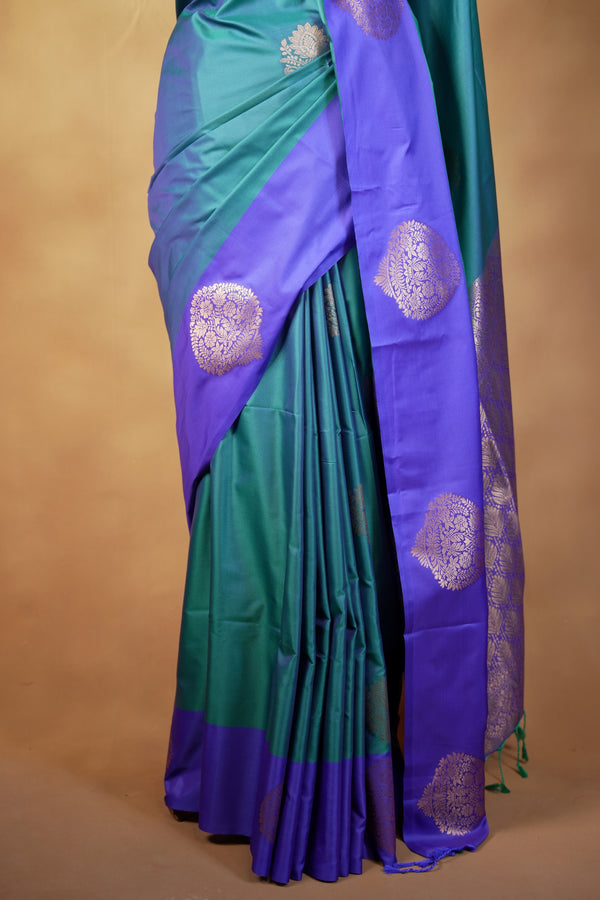 Teal Soft Silk Saree | Gold Zari Butta Purple Border | Traditional Occasion Wear