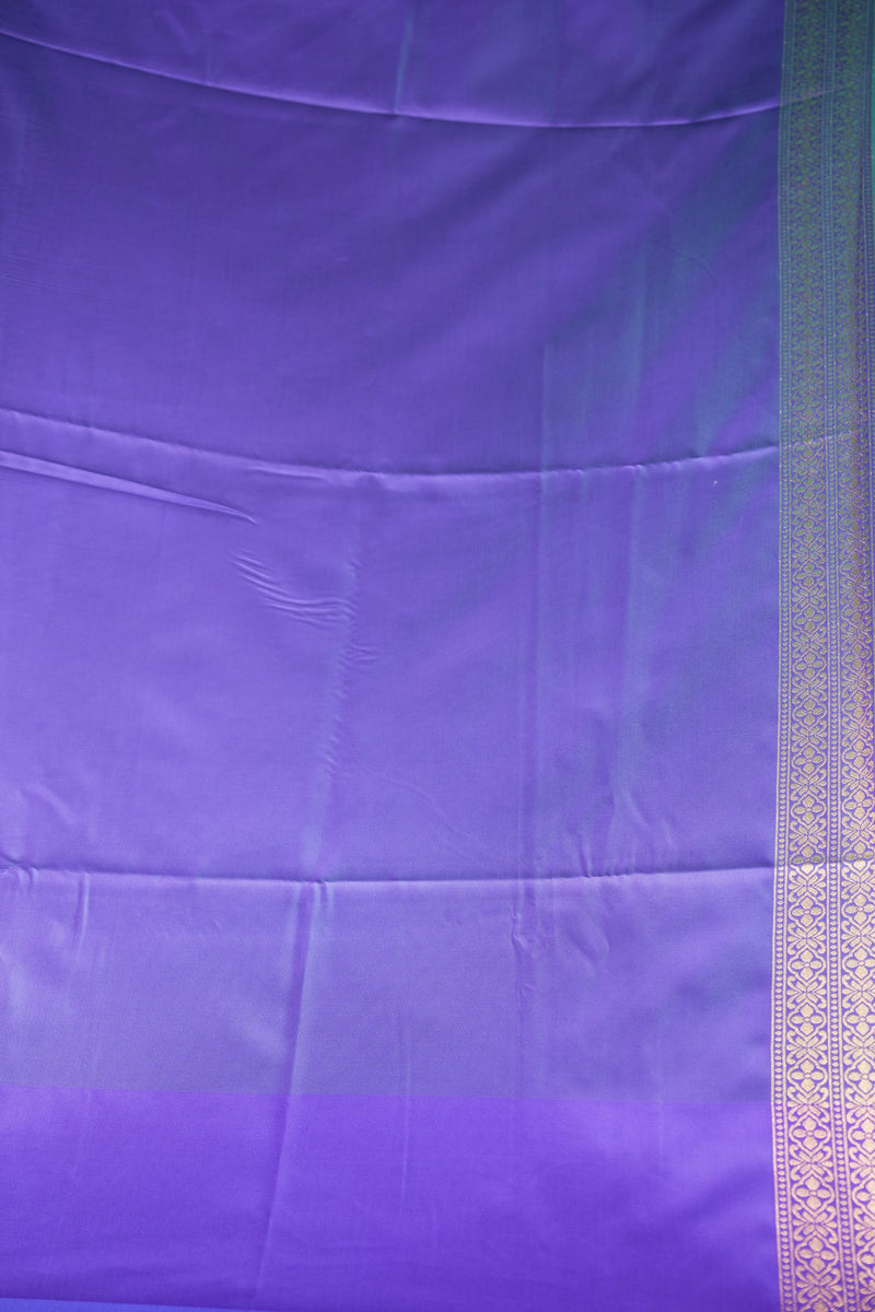 Teal Soft Silk Saree | Gold Zari Butta Purple Border | Traditional Occasion Wear