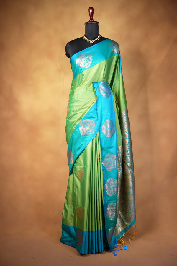 Green & Turquoise Soft Silk Saree | Gold Zari Butta Design | Festive & Traditional Wear