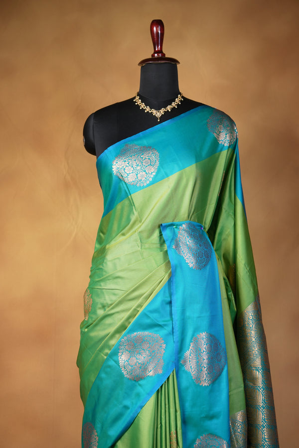 Green & Turquoise Soft Silk Saree | Gold Zari Butta Design | Festive & Traditional Wear
