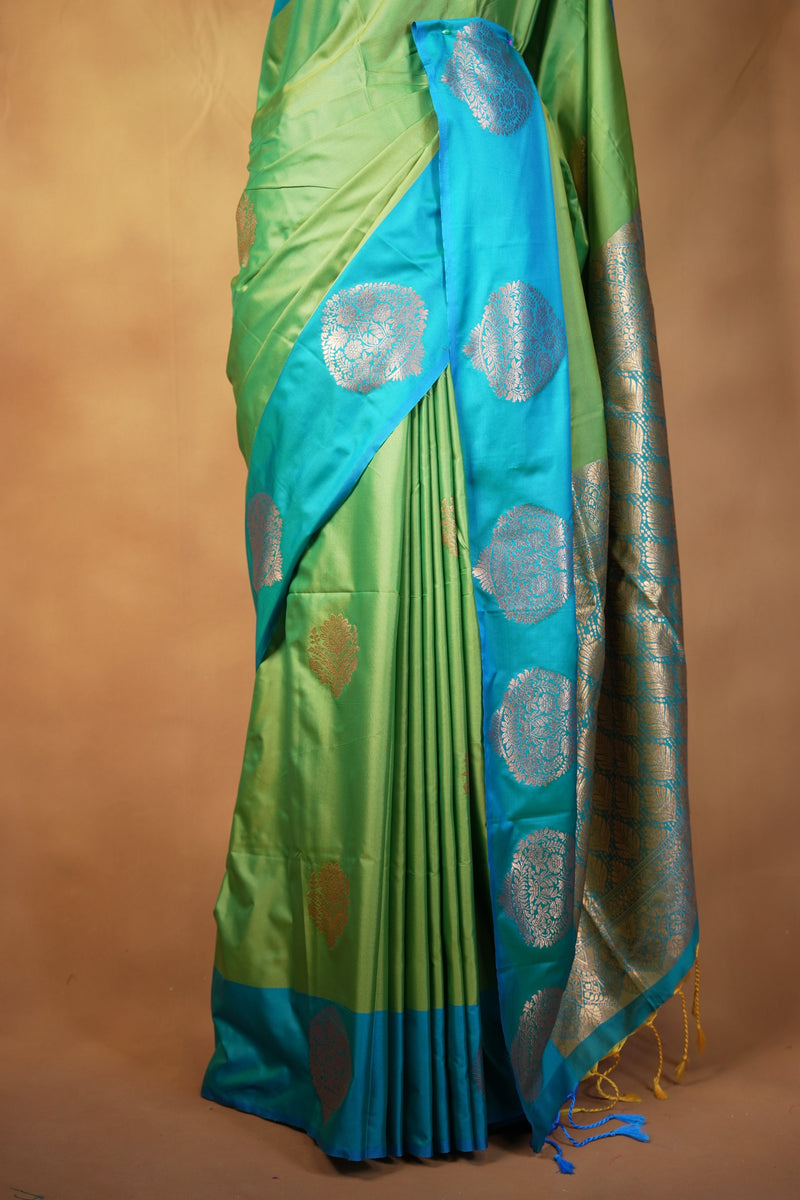 Green & Turquoise Soft Silk Saree | Gold Zari Butta Design | Festive & Traditional Wear