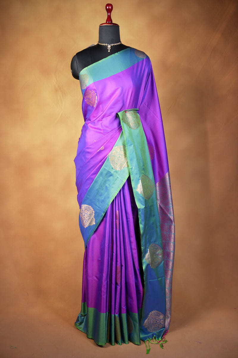 Purple & Teal Soft Silk Saree | Zari Floral Motif Contrast Border | Traditional Wear