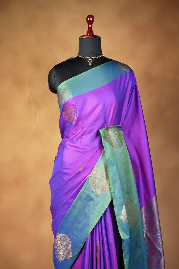Purple & Teal Soft Silk Saree | Zari Floral Motif Contrast Border | Traditional Wear