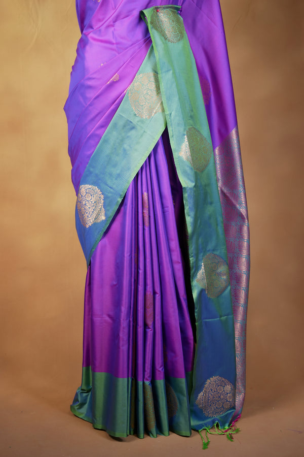 Purple & Teal Soft Silk Saree | Zari Floral Motif Contrast Border | Traditional Wear