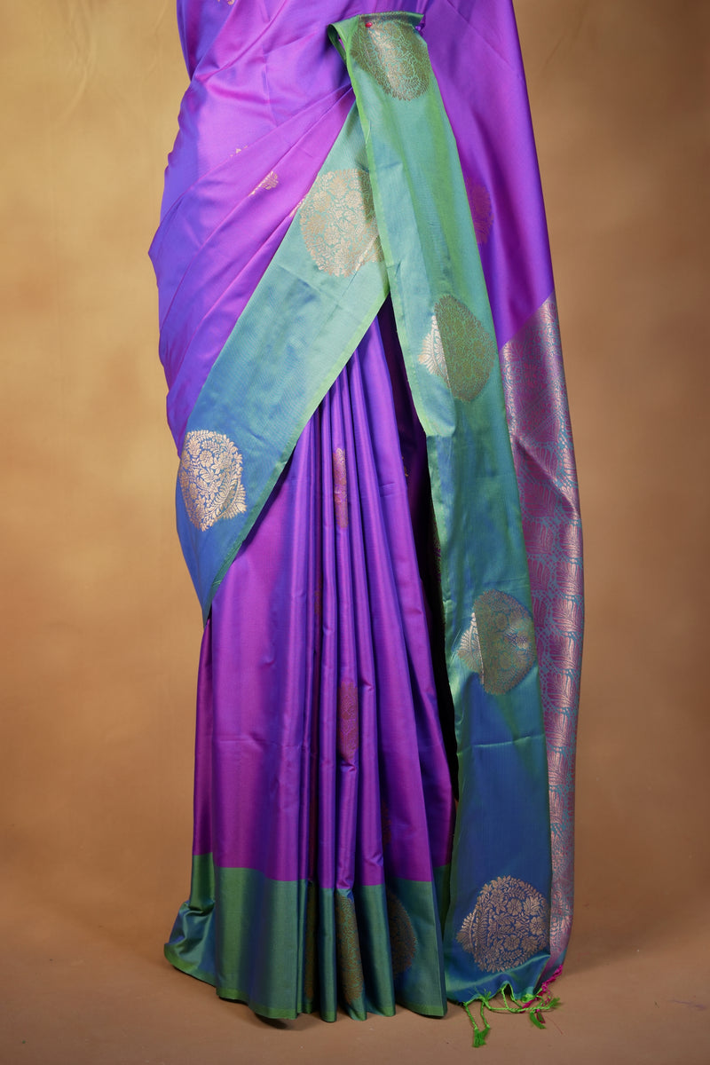 Purple & Teal Soft Silk Saree | Zari Floral Motif Contrast Border | Traditional Wear