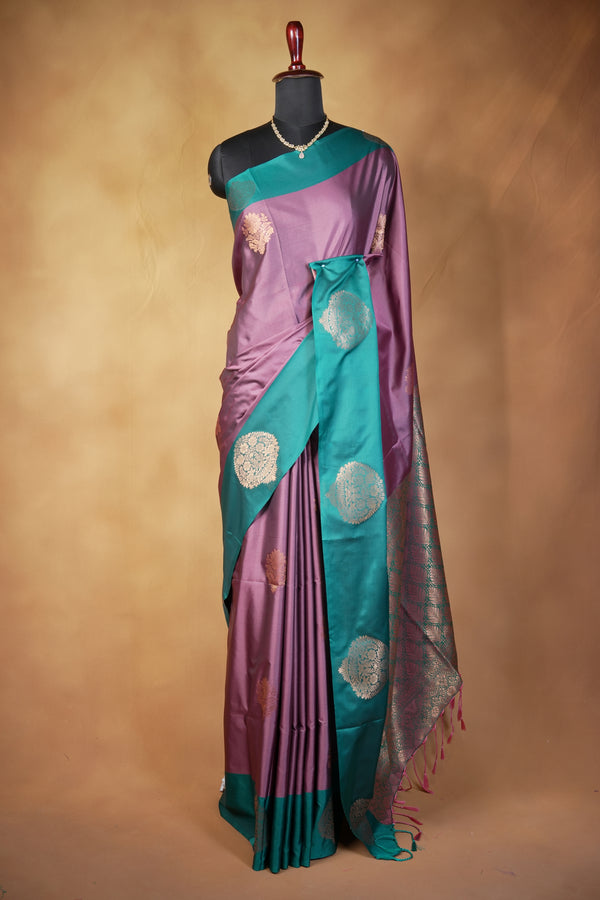 Mauve Purple Soft Silk Saree | Gold Zari Floral Butta Sea Green Border | Traditional Wear