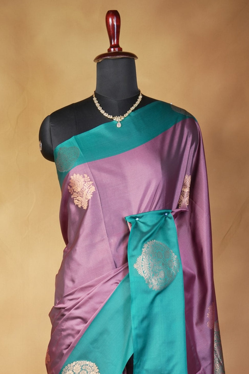 Mauve Purple Soft Silk Saree | Gold Zari Floral Butta Sea Green Border | Traditional Wear
