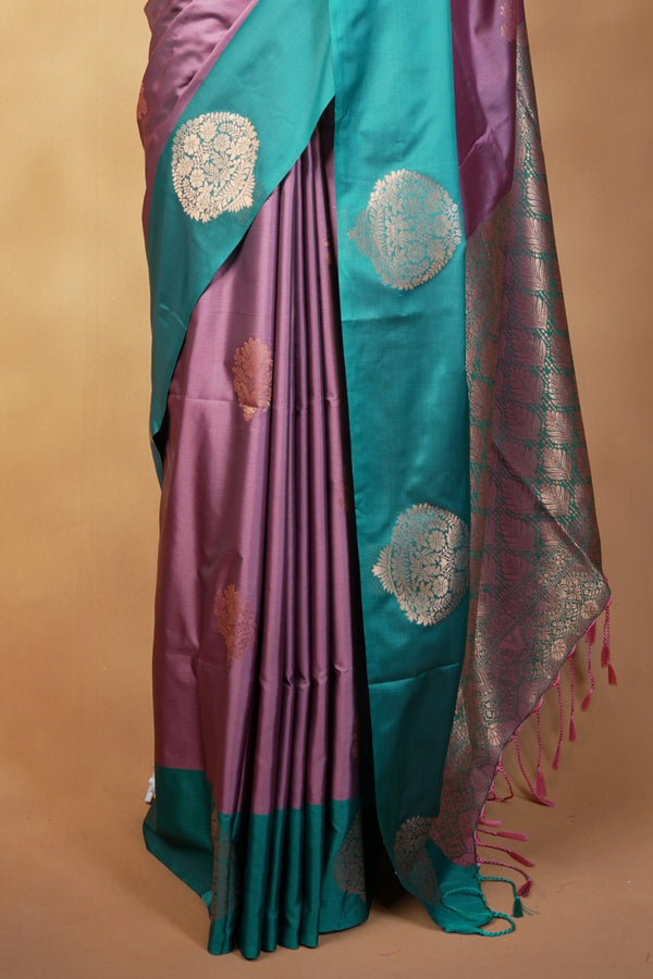 Mauve Purple Soft Silk Saree | Gold Zari Floral Butta Sea Green Border | Traditional Wear
