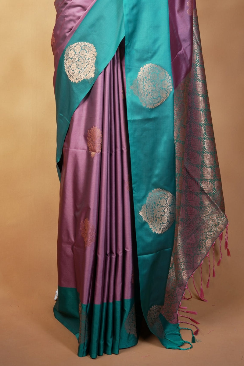 Mauve Purple Soft Silk Saree | Gold Zari Floral Butta Sea Green Border | Traditional Wear