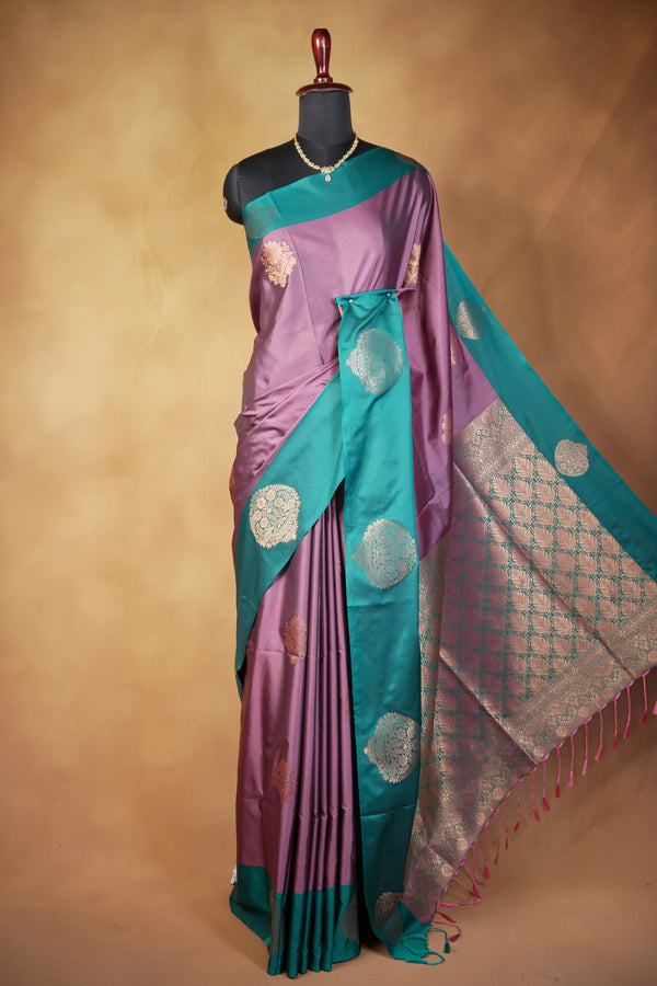 Mauve Purple Soft Silk Saree | Gold Zari Floral Butta Sea Green Border | Traditional Wear