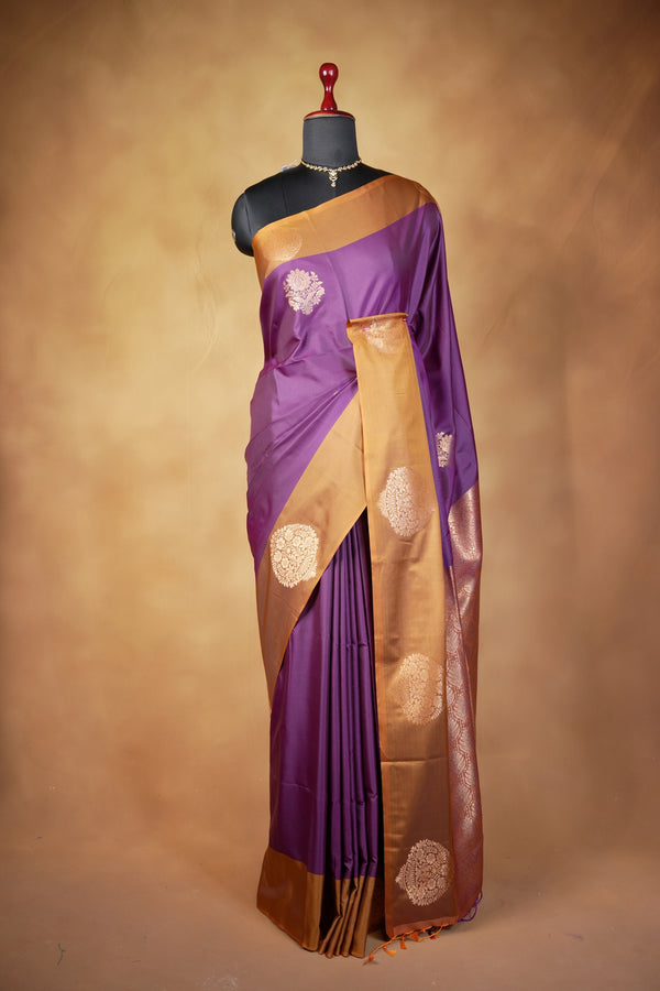 Violet Soft Silk Saree | Gold Medallion Motif Zari Border | Traditional Wear
