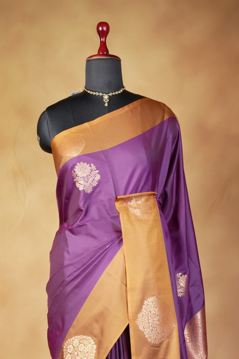 Violet Soft Silk Saree | Gold Medallion Motif Zari Border | Traditional Wear
