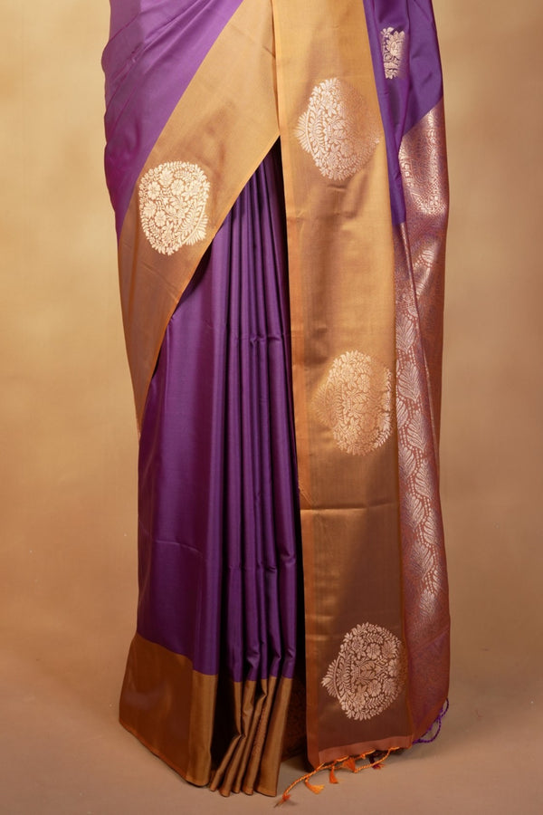 Violet Soft Silk Saree | Gold Medallion Motif Zari Border | Traditional Wear