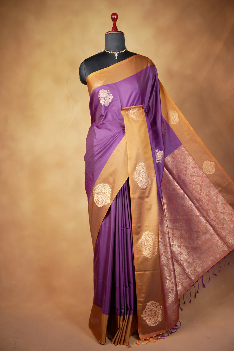 Violet Soft Silk Saree | Gold Medallion Motif Zari Border | Traditional Wear
