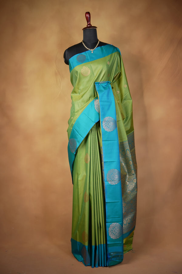 Moss Green Soft Silk Saree | Teal Zari Medallion Border | Festive & Traditional Wear