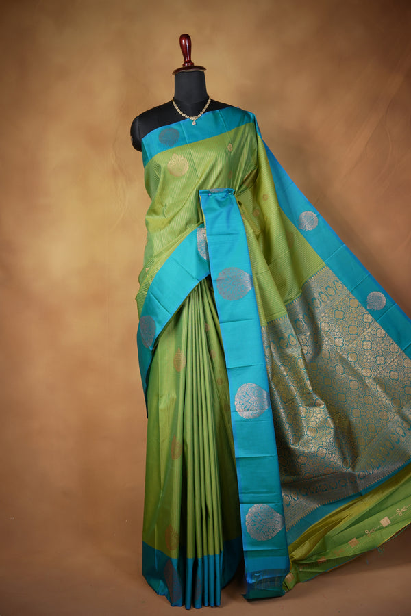 Moss Green Soft Silk Saree | Teal Zari Medallion Border | Festive & Traditional Wear