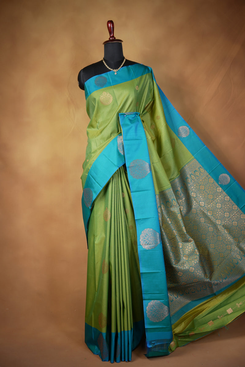 Moss Green Soft Silk Saree | Teal Zari Medallion Border | Festive & Traditional Wear