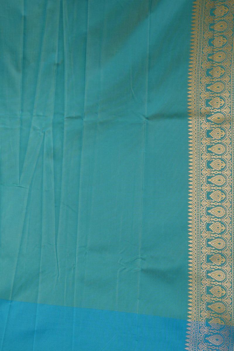 Moss Green Soft Silk Saree | Teal Zari Medallion Border | Festive & Traditional Wear