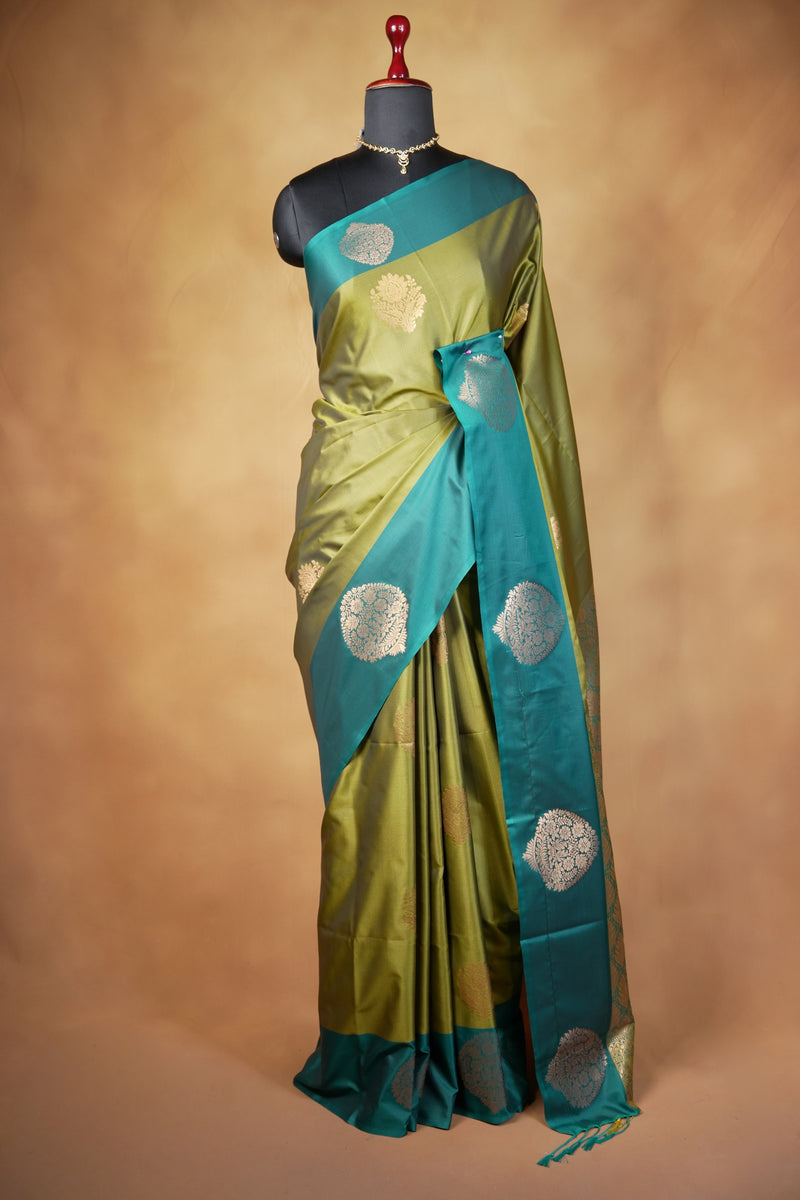 Olive Green Soft Silk Saree | Teal Zari Medallion Border | Traditional Wear