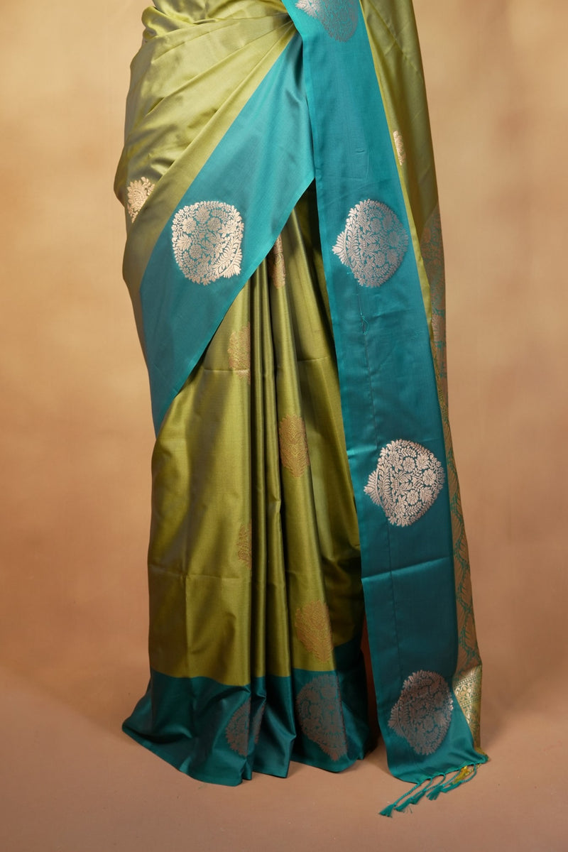 Olive Green Soft Silk Saree | Teal Zari Medallion Border | Traditional Wear