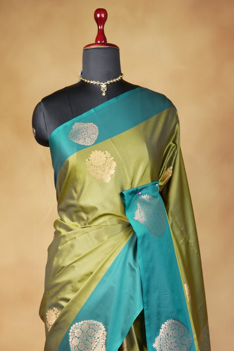 Olive Green Soft Silk Saree | Teal Zari Medallion Border | Traditional Wear