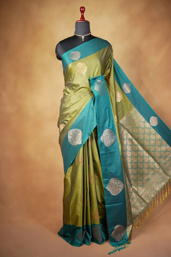 Olive Green Soft Silk Saree | Teal Zari Medallion Border | Traditional Wear