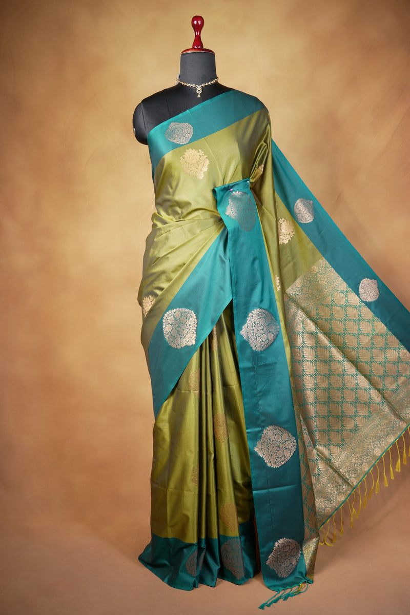 Olive Green Soft Silk Saree | Teal Zari Medallion Border | Traditional Wear