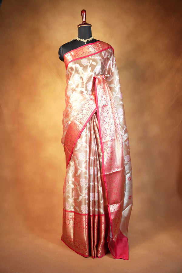 Champagne Gold Organza Tissue Saree | White Floral Jaal Weave Red-Orange Border | Traditional Wear