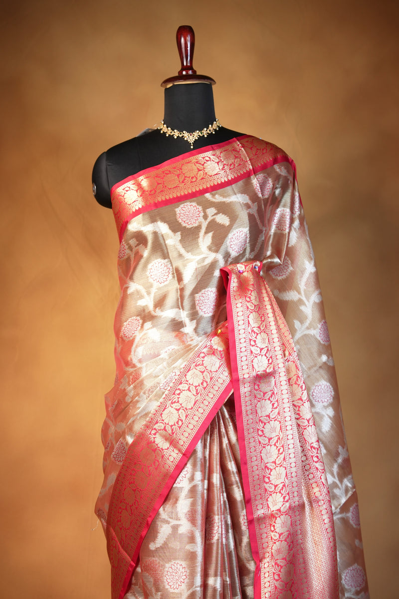 Champagne Gold Organza Tissue Saree | White Floral Jaal Weave Red-Orange Border | Traditional Wear
