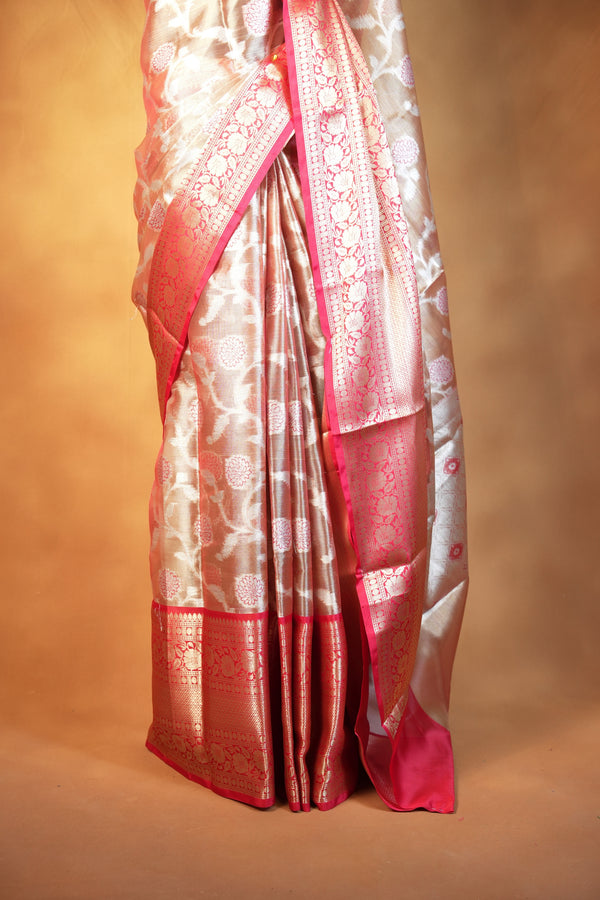 Champagne Gold Organza Tissue Saree | White Floral Jaal Weave Red-Orange Border | Traditional Wear
