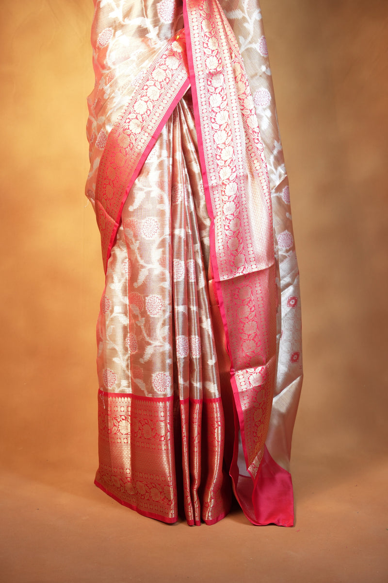 Champagne Gold Organza Tissue Saree | White Floral Jaal Weave Red-Orange Border | Traditional Wear
