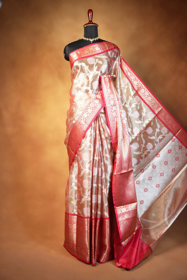 Champagne Gold Organza Tissue Saree | White Floral Jaal Weave Red-Orange Border | Traditional Wear