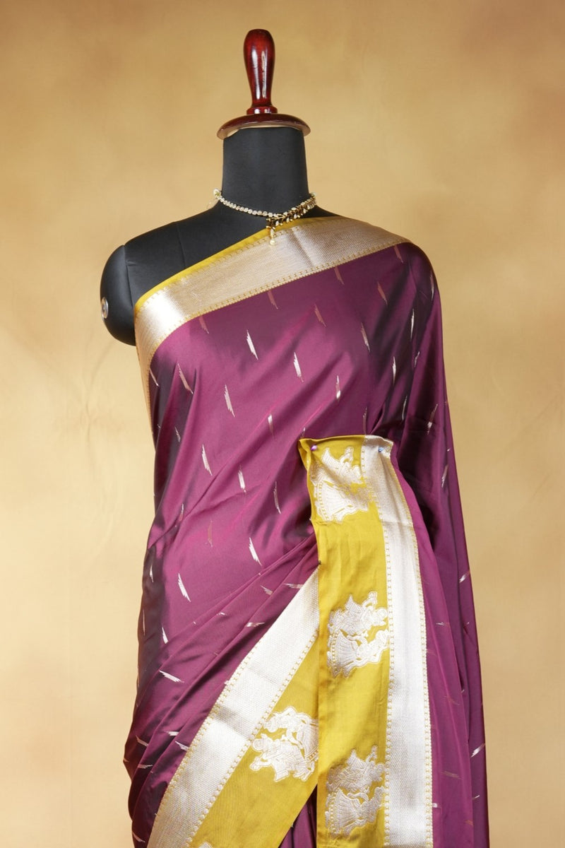 Wine Soft Silk Saree | Mustard Gold Contrast Pallu with Silver Motifs | Festive Wedding Saree
