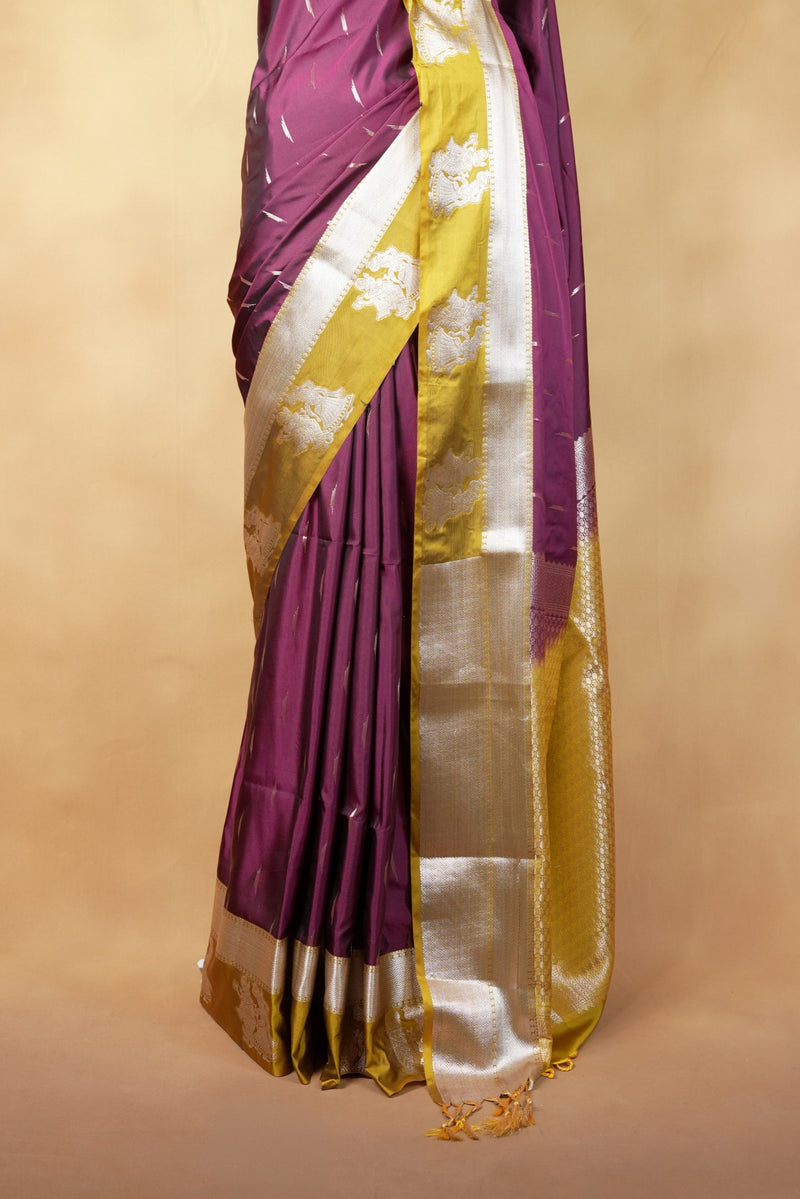 Wine Soft Silk Saree | Mustard Gold Contrast Pallu with Silver Motifs | Festive Wedding Saree