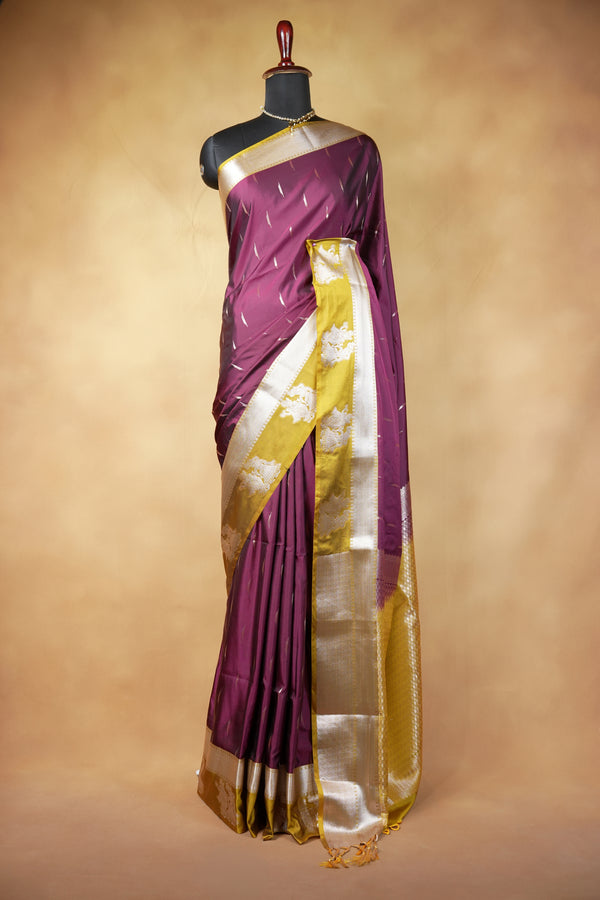 Wine Soft Silk Saree | Mustard Gold Contrast Pallu with Silver Motifs | Festive Wedding Saree