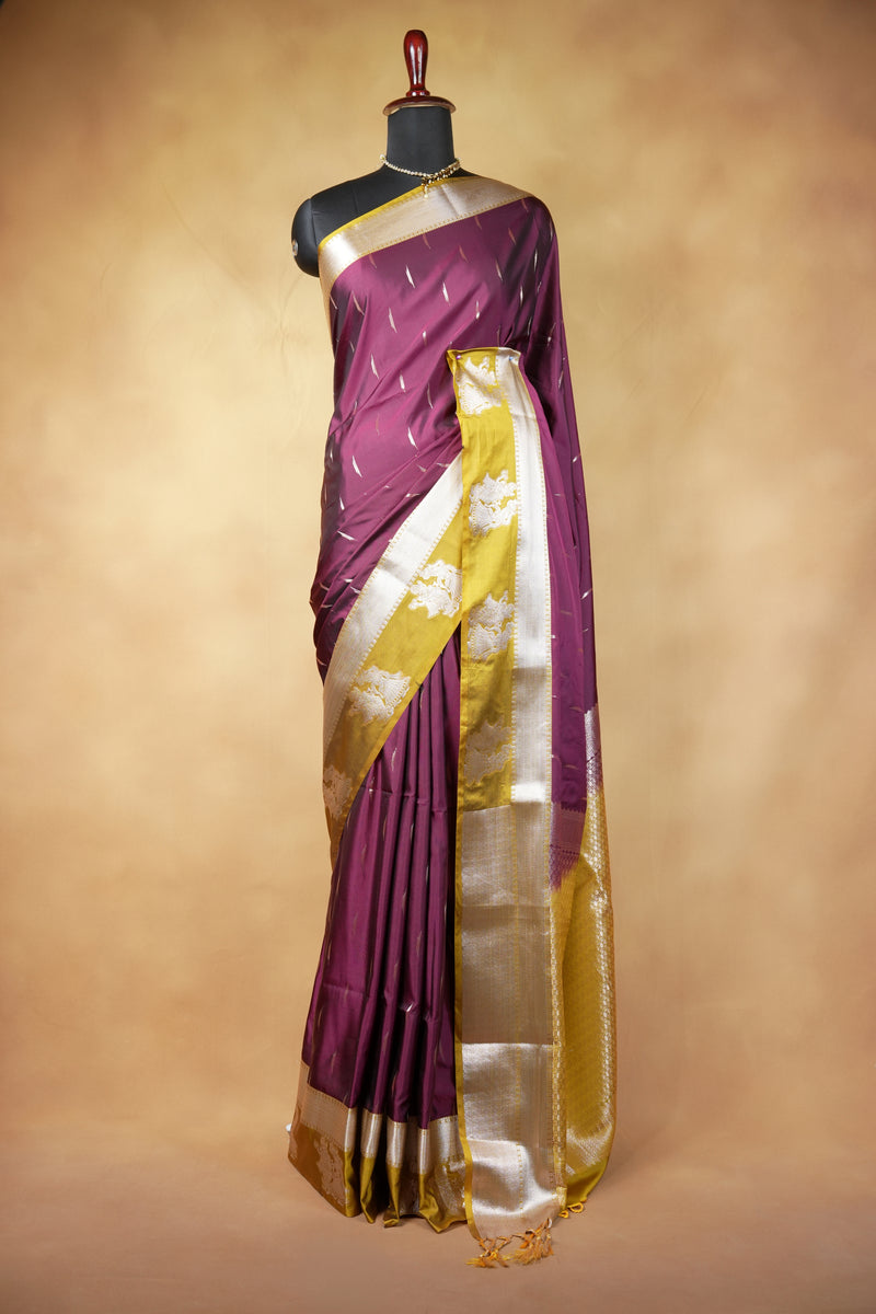 Wine Soft Silk Saree | Mustard Gold Contrast Pallu with Silver Motifs | Festive Wedding Saree