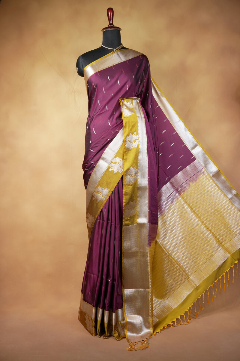 Wine Soft Silk Saree | Mustard Gold Contrast Pallu with Silver Motifs | Festive Wedding Saree