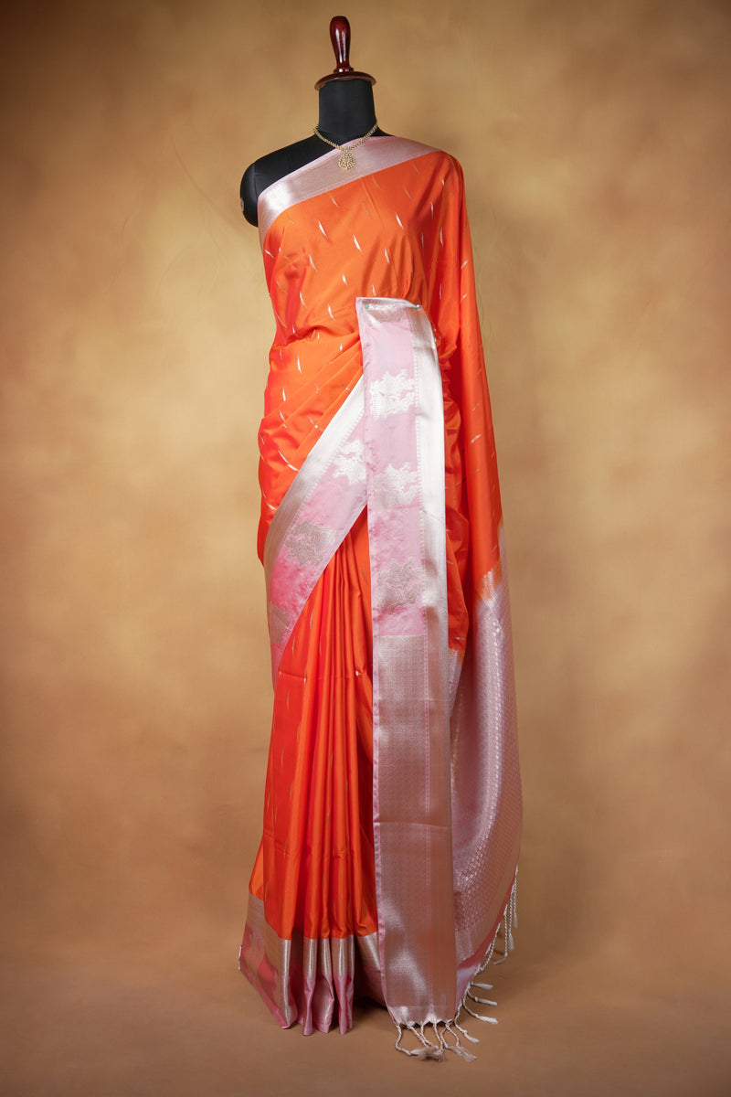 Orange Soft Silk Saree | Baby Pink Contrast Pallu with Silver Motifs | Festive Wedding Saree