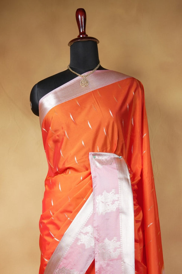 Orange Soft Silk Saree | Baby Pink Contrast Pallu with Silver Motifs | Festive Wedding Saree
