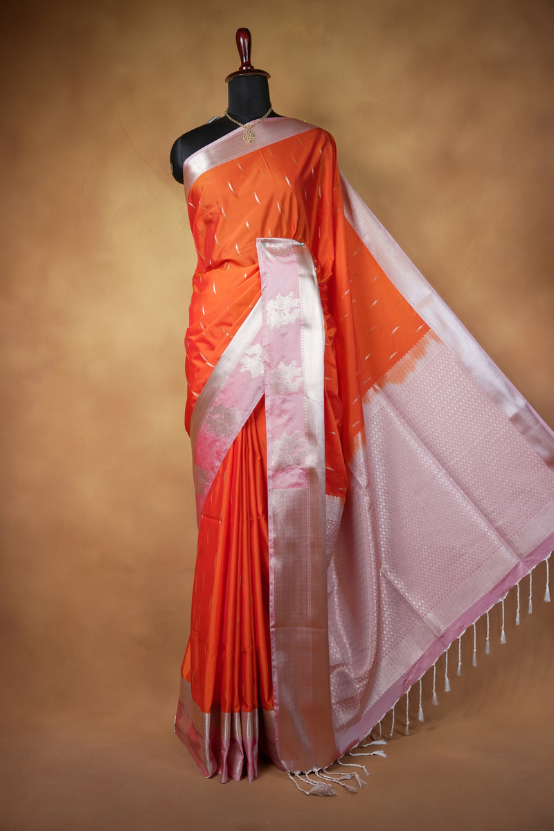 Orange Soft Silk Saree | Baby Pink Contrast Pallu with Silver Motifs | Festive Wedding Saree