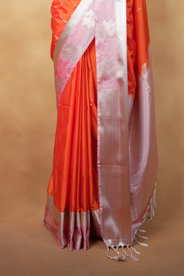 Orange Soft Silk Saree | Baby Pink Contrast Pallu with Silver Motifs | Festive Wedding Saree