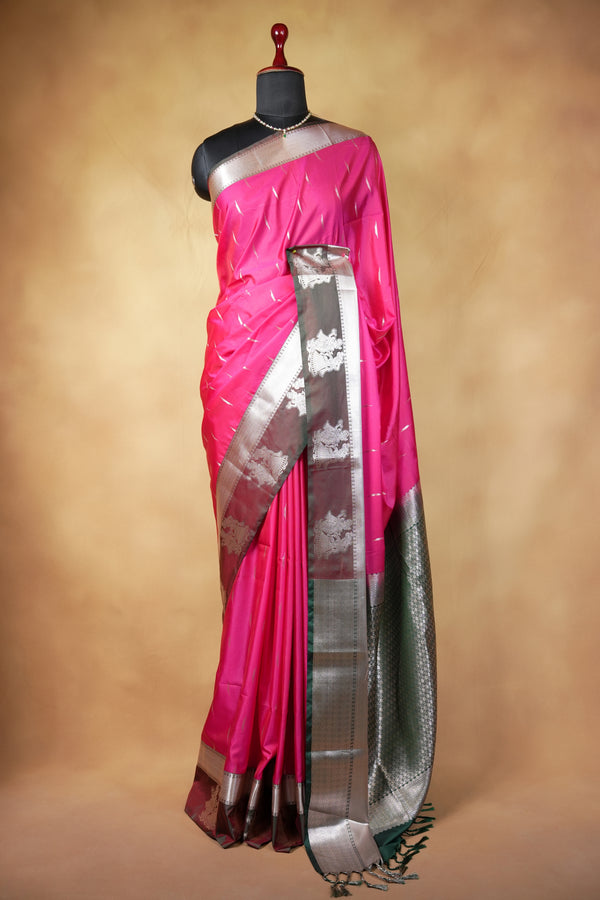 Rani Pink Soft Silk Saree | Bottle Green Contrast Pallu with Silver Elephant Motifs | Festive Wedding Saree