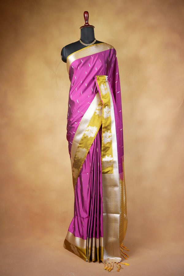 Magenta Soft Silk Saree | Mustard Olive Contrast Pallu with Golden Motifs | Festive Wedding Saree