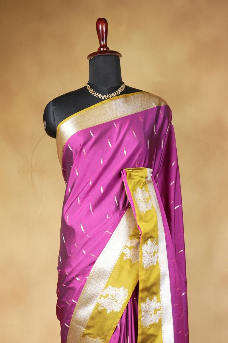 Magenta Soft Silk Saree | Mustard Olive Contrast Pallu with Golden Motifs | Festive Wedding Saree